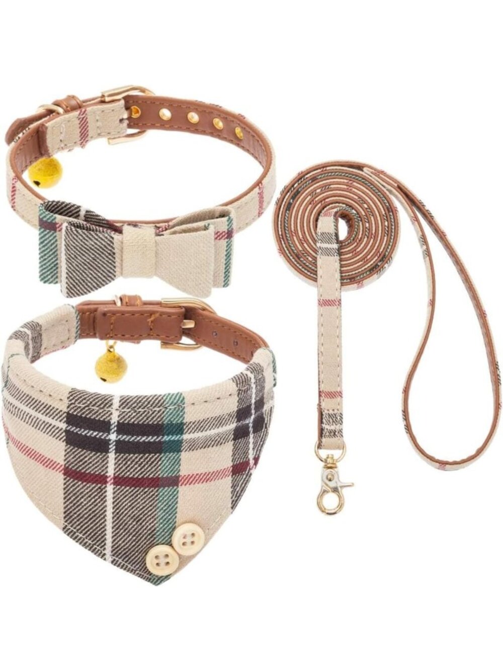 Cute Small Dog Collar & Leash Set with Bowtie, Bells & Plaid Bandana - Soft